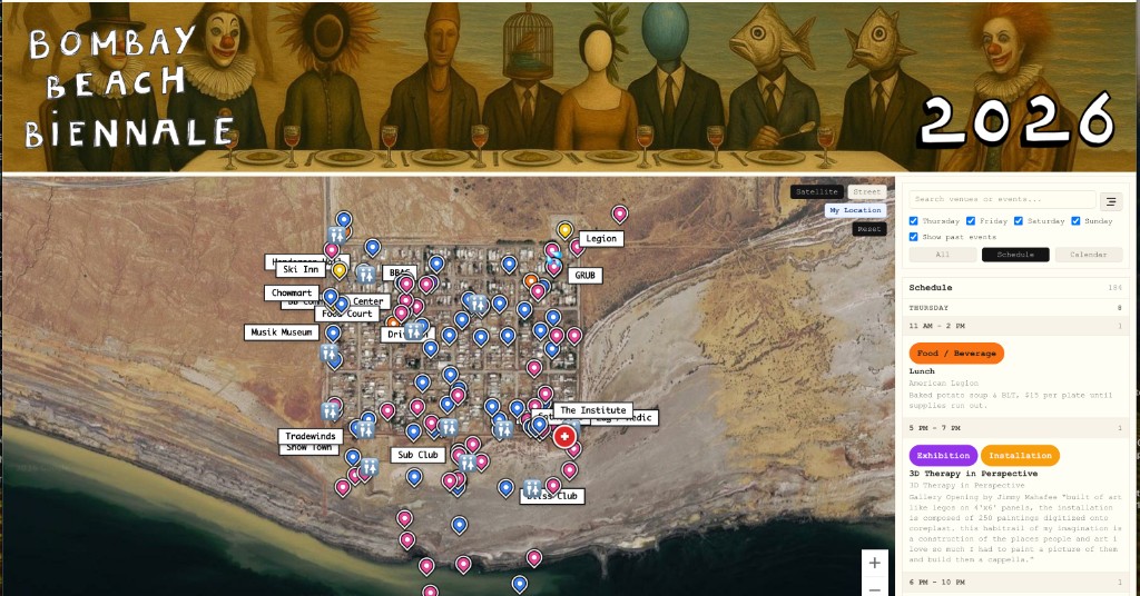 The Bombay Beach Biennale interactive map and schedule app, showing the venue map and event schedule sidebar