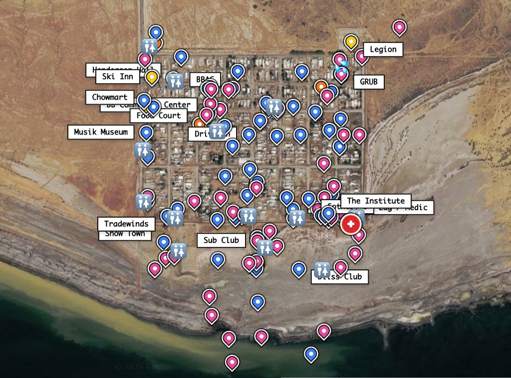 Interactive satellite map of Bombay Beach with labeled venue pins