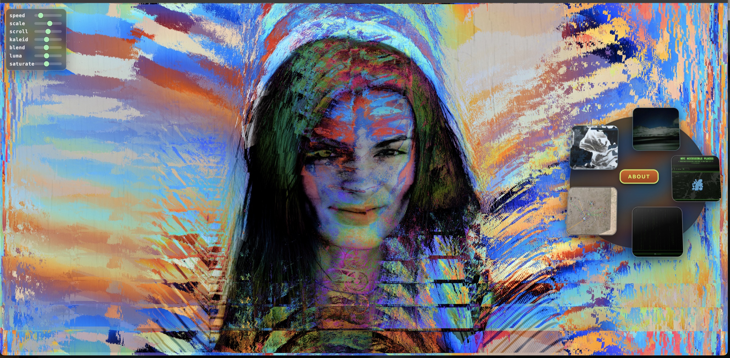 Hydra livecoding portfolio: generative art layered over a portrait, with a live code panel and sliders