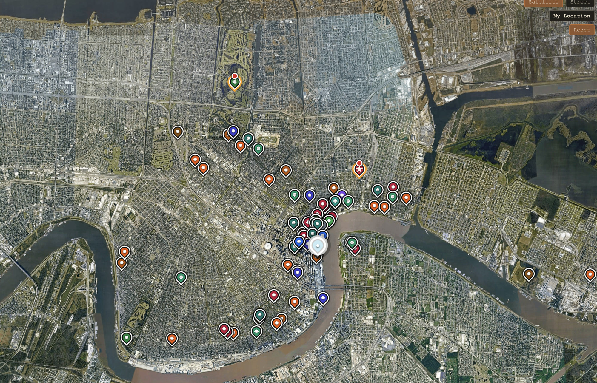 Satellite map of New Orleans with colored recommendation pins