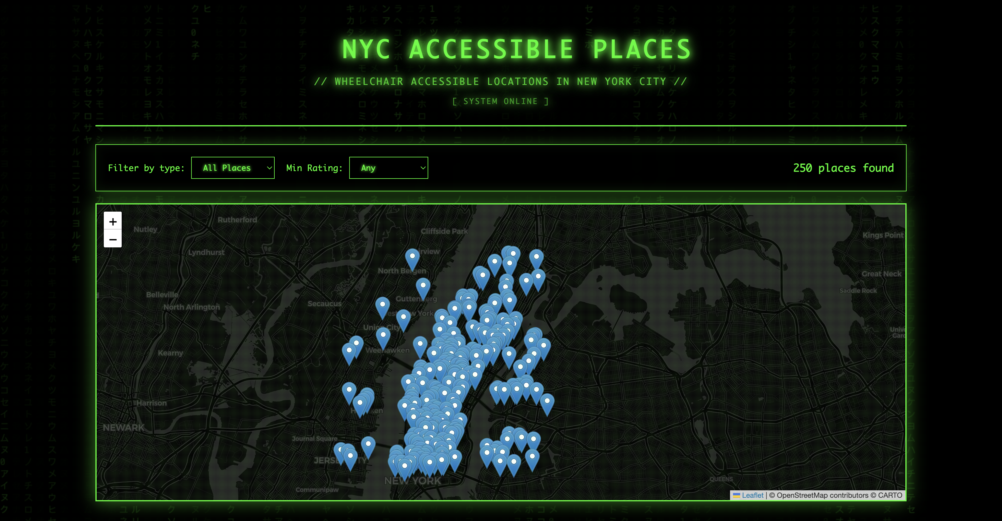 Matrix-style map of wheelchair-accessible places across New York City