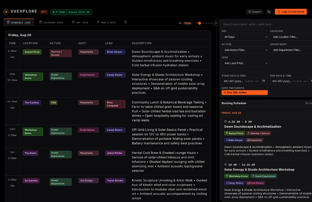 VVEXplore schedule list: a live run-of-show for Friday with location, action, department, and lead